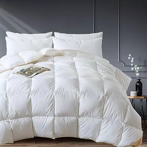 Quality Fluffy White Goose Feather Down Comforter Queen Size, All Season Down Duvet Insert Luxury Hotel Collection FP, Ultra Soft Egyptian Silky Cotton Fabric, Corner Tabs, xin