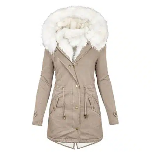 SMIDOW amazon of prime deals Womens Warm Winter Coats Trendy Fuzzy Fleece Lined Long Parka Thicken Jackets Outwear With Faux Fur Hood womens parka Khaki L