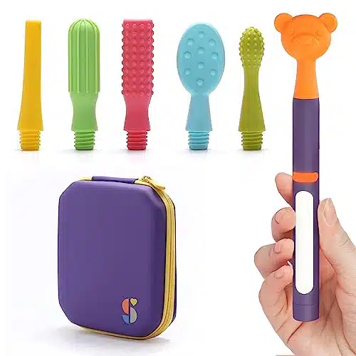 Special Supplies Buzz Buddy Oral Stimulation kit with Soft Textured Interchangeable Heads, Calm Sensory Needs, Support Speech, and Stimulate Self Feeding, Gentle Vibrations (Purple Handle)
