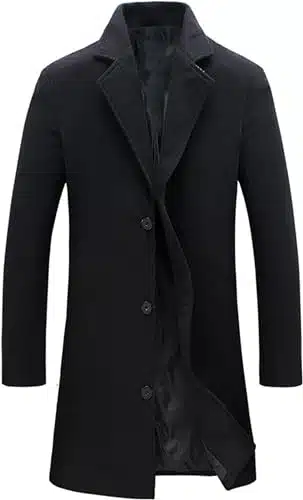 Springrain Men's Wool Blend Pea Coat Notched Collar Single Breasted Overcoat Warm Winter Trench Coat(Black L)