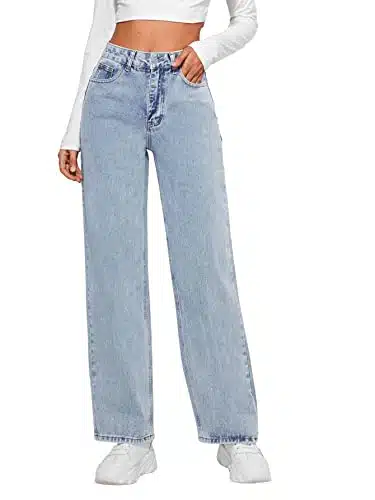 SweatyRocks Women's Casual Loose High Waist Solid Straight Wide Leg Jeans Light Wash XS