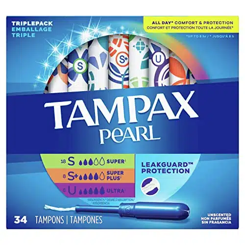 Tampax Pearl Tampons Trio Pack, SuperSuper PlusUltra Absorbency with BPA Free Plastic Applicator and LeakGuard Braid, Unscented, Count