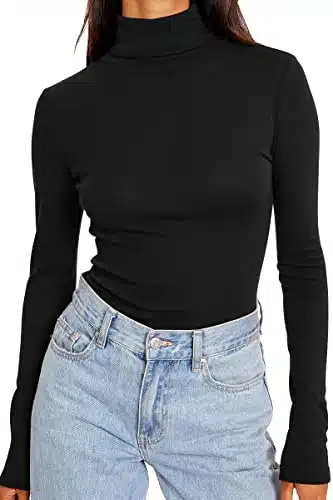 Trendy Queen Women's Turtleneck Long Sleeve Shirts Mock Neck Tops Fall Fashion Basic Layering Tight Stretch Pullover Thermal Underwear Scrub Winter Clothes Black