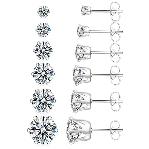 UHIBROS Pairs Stainless Steel Stud Earrings Set Hypoallergenic Cubic Zirconia K White Gold L CZ Earrings