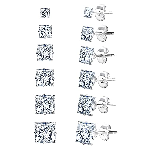 UHIBROS Stainless Steel Stud Earrings Set for Men, K White Gold Plated Square Cubic Zirconia Studs Hypoallergenic Mens Earrings Pack Pairs, Gifts for Men Women