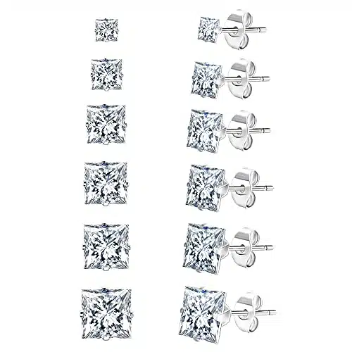 UHIBROS Stainless Steel Stud Earrings Set for Men, K White Gold Plated Square Cubic Zirconia Studs Hypoallergenic Mens Earrings Pack Pairs, Gifts for Men Women