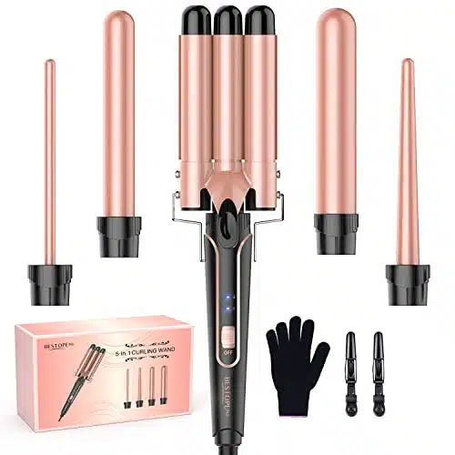 Waver Curling Iron Wand, BESTOPE PRO in Curling Wand Set with Barrel Hair Crimper for Women, Fast Heating Hair Wand Curler in All Hair Type