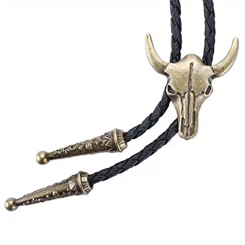 Western Vintage Bolo Tie for Men   Cow Skull Design Cowboy Tie   Black Leather Bolo Necktie Necklace (Bull)