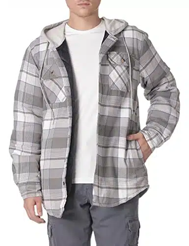 Wrangler Authentics Men's Long Sleeve Quilted Lined Flannel Shirt Jacket with Hood, Gray, X Large
