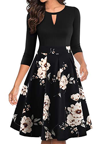 YATHON Women's Vintage Swing Casual Party Work Dresses Chic Black Khaki Flower Print O Neck Knee Length Winter Cocktail Holiday Wedding Evening Dress (S, YTBlack Khaki )