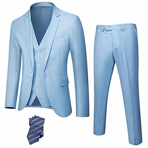 YND Men's Slim Fit Piece Suit, One Button Jacket Vest Pants Set with Tie, Solid Party Wedding Dress Blazer, Tux Waistcoat and Trousers Sky