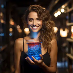 female super model holding a jar of gel and covered in gel and smiling