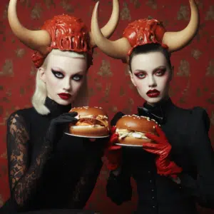 female supermodels dressed like devils with horns eating sausages