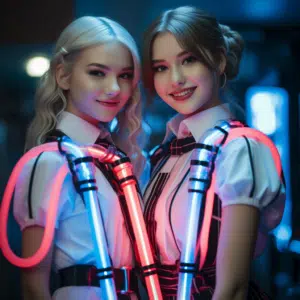 high end female supermodles in school girl outfits holding neon tubes and smiling