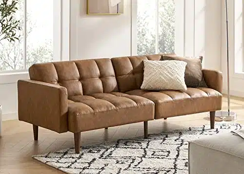 mopio Aaron Faux Leather Couch, Small Sofa, Futon, Sofa Bed, Mid Century Modern Futon Couch, Sleeper Sofa, Brown Couch, Leather Loveseat, Couches for Living Room (Faux Leather, Pecan Brown)