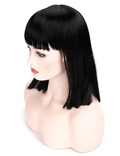 morvally Short Straight Black Wig with Bangs Natural Looking Heat Resistant Hair Cosplay Costume Wigs (inches Natural Black)