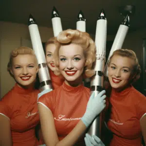 smiling supermodel female cheerleaders holding 12 inch tubes