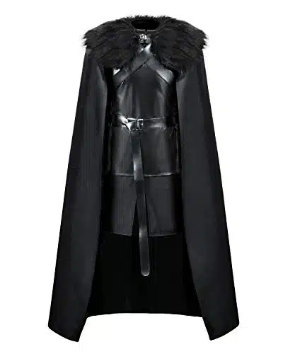 AMNPOLEN Jon Snow Knights Watch Costume Cloak Adult Men Thrones Halloween Cosplay Medieval Black PU Full Party Cape Outfit (Black Full Set, Medium)