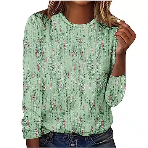 Amazon Todays Deals Cute Long Sleeve Tops for Women Dressy Casual Boho Floral Print Crew Neck Petite Shirts Fall Fashion Blouse omen's Fall Fashion Green XL