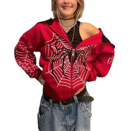 Asadovce Women Men Zip Up Yk Oversized Hoodie Spider Graphic Full Zipper Sweatshirt Teen Girls Grunge Streetwear Jacket