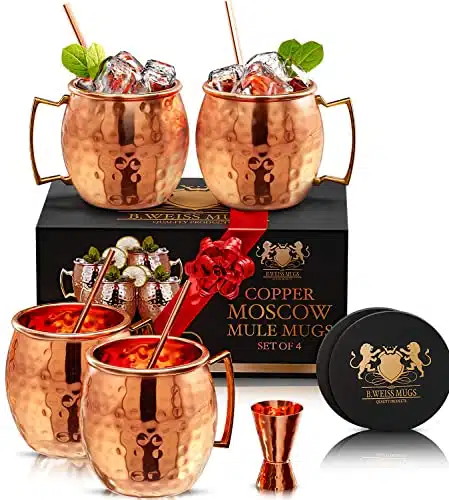 B. WEISS Premium Moscow Mule Mugs Set of with Bonus Accessories   % Real Copper cups, Handcrafted, oz   Includes Copper Straws, Jigger, and Coasters  Gift for Any Occasion   Food Safe