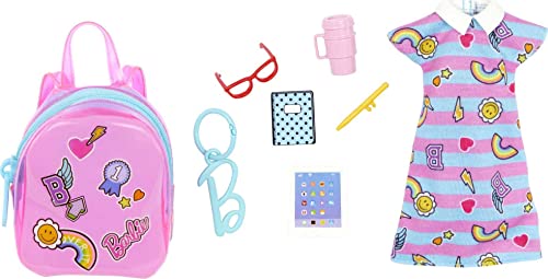 Barbie Clothes, Deluxe Clip On Bag with School Outfit and Five Themed Accessories for Barbie Dolls