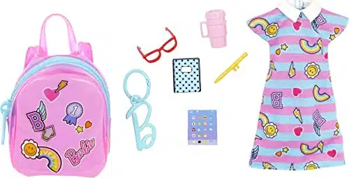 Barbie Clothes, Deluxe Clip On Bag with School Outfit and Five Themed Accessories for Barbie Dolls