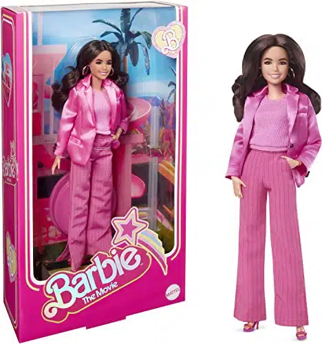 Barbie The Movie Doll, Gloria Collectible Wearing Three Piece Pink Power Pantsuit with Strappy Heels and Golden Earrings