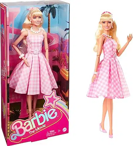 Barbie The Movie Doll, Margot Robbie as Barbie, Collectible Doll Wearing Pink and White Gingham Dress with Daisy Chain Necklace for years and up