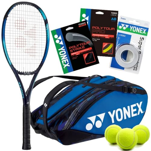 Ben Shelton Tennis Bundle   Yonex EZONE Sky Blue Racquet () w Black PolyTour Strike (Mains) & Yellow PolyTour Pro (Crosses) at mid Tension + Blue Pro Bag + SuperGrap pk + Balls