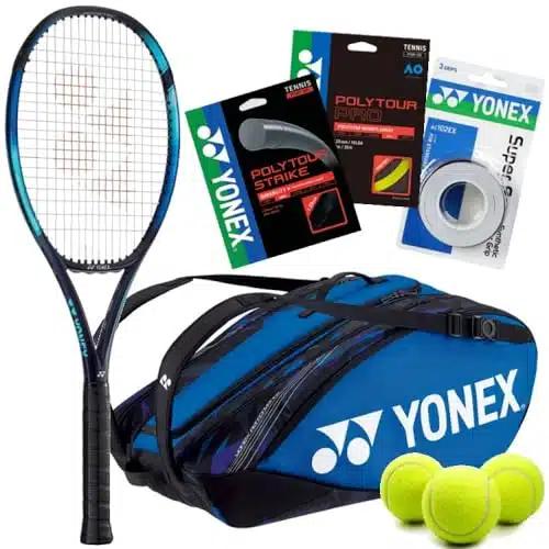 Ben Shelton Tennis Bundle   Yonex EZONE Sky Blue Racquet () w Black PolyTour Strike (Mains) & Yellow PolyTour Pro (Crosses) at mid Tension + Blue Pro Bag + SuperGrap pk + Balls