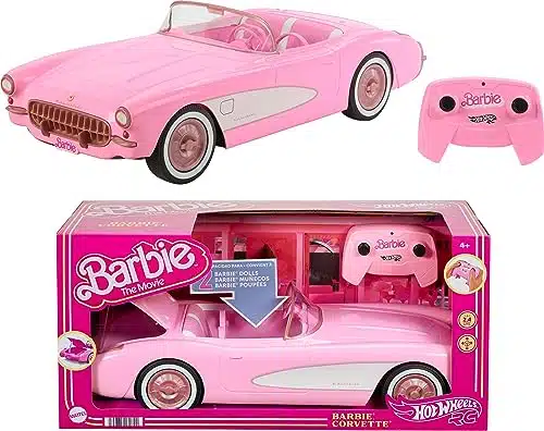 Hot Wheels RC Barbie Corvette, Battery Operated Remote Control Toy Car from Barbie The Movie, Holds Barbie Dolls, Trunk Opens for Storage