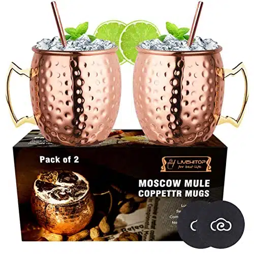 LIVEHITOP Moscow Mule Copper Mugs Set of , Copper Cups Oz Cocktail Kit with Straw Coaster for Wine, Beer, Cold Drink, Bar, Party, Gifts