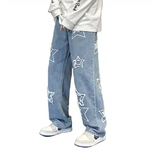 Men's Streetwear Jeans YK Hip Hop Jeans Casual High Waisted Wide Leg Baggy Embroidery Harajuku Denim Pants (as, Alpha, m, Regular, Regular, Blue)