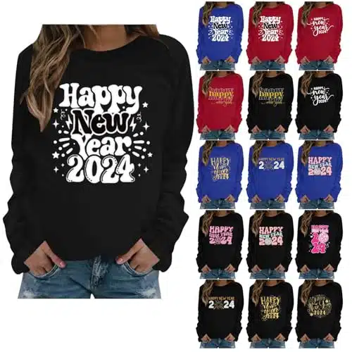 Olivcker my orders Happy New Year Tshirt Long Sleeve Crewneck Sweatshirts Trendy Print Casual New Years Shirt Holiday Pullover Tops amazon coupons & promo codes Black X Large