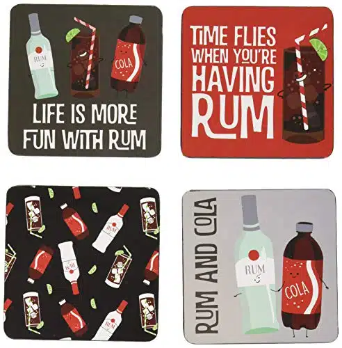 Pavilion Gift Company Rum & Coke Sentiment, Pattern and Character Holder (Piece) Coaster Set with Box, Inch Square, Multicolor