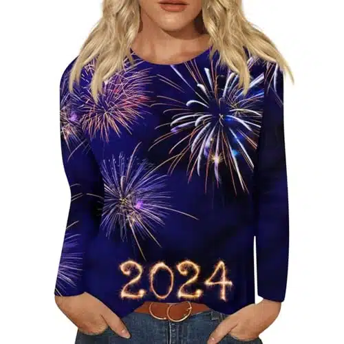 Prime Deals of The Day,Clearance Women's New Years Printed Tops Print Graphic Tees New Years Eve Outfits Women Round Neck Long Sleeve Tshirt Happy New Year T Shirt Workout Blouses,XXL