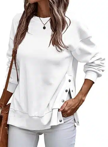 SHEWIN Womens Sweatshirt Casual Lightweight Crewneck Pullover Sweatshirts Side Slit Loose Long Sleeve Fall Tops for Women Trendy, (M),White