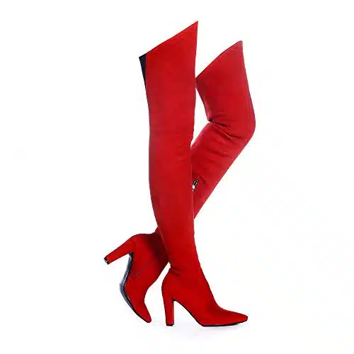 Shoe'N Tale Women Stretch Suede Chunky Heel Thigh High Over The Knee Boots(,Red)