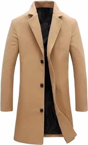 Springrain Men's Wool Blend Pea Coat Notched Collar Single Breasted Overcoat Warm Winter Trench Coat(Khaki M)