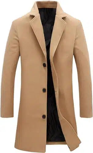 Springrain Men's Wool Blend Pea Coat Notched Collar Single Breasted Overcoat Warm Winter Trench Coat(Khaki M)