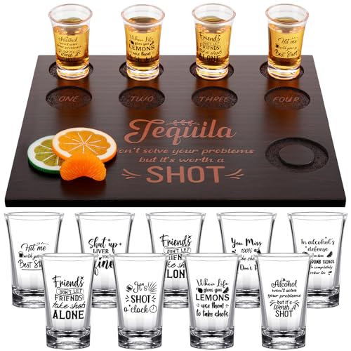 Suclain Shot Glass Holder with Pcs Clear Plastic Glasses Wooden Shot Glasses Serving Tray with Salt Rim Display and Storage Shot Glasses Set Gift for Christmas Party