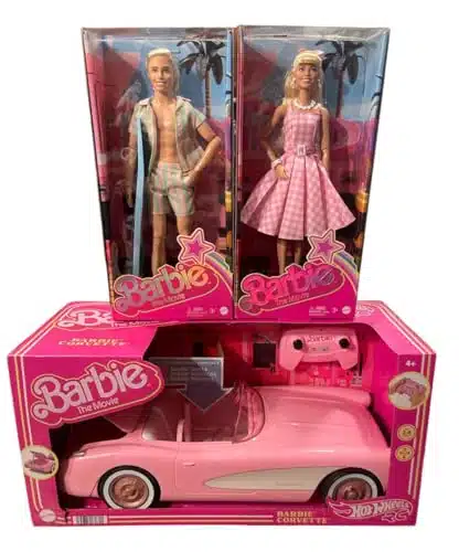 The Barbie Movie Barbie Remote Corvette with Collectible Dolls, Margot Robbie as Barbie in Pink Gingham Dress with Ryan Gosling as Ken Doll Collectible Limited Edition