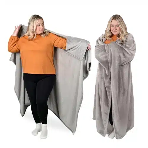 The Wearable Throw Blanket and Cape in One, Soft Cozy Fleece Blanket with Sleeves, for Women, Teen Girl Gifts, Birthday Gifts for Women Who Have Everything, Gifts for Her  Silver Gray