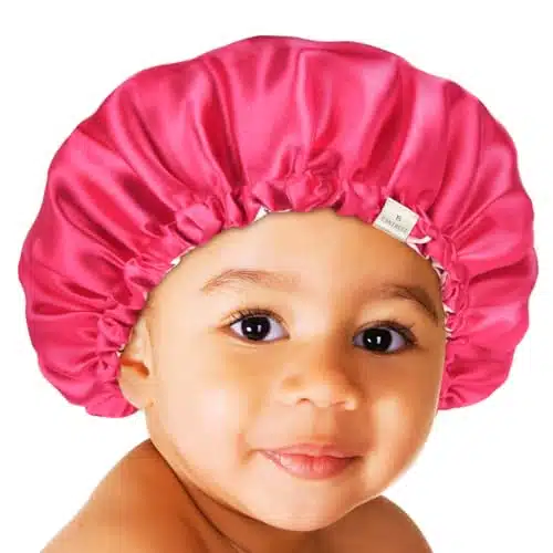 YANIBEST Baby Satin Bonnet Sleep Cap for Curly Hair   Double Layer Reversible Adjustable Silky Satin Cap for Infant Toddler Child(onths,Hot Pink)