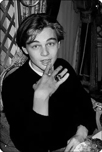 Young Leonardo DiCaprio in Black and White Poster Metal Tin Sign Plaque Man Cave Wall xInch Wall Art Decoration