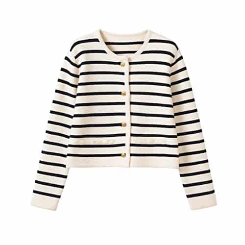 omen's Long Sleeve Striped Sweater Button Cardigan Knitted Open Coat Outwear with Pockets (Black,M)