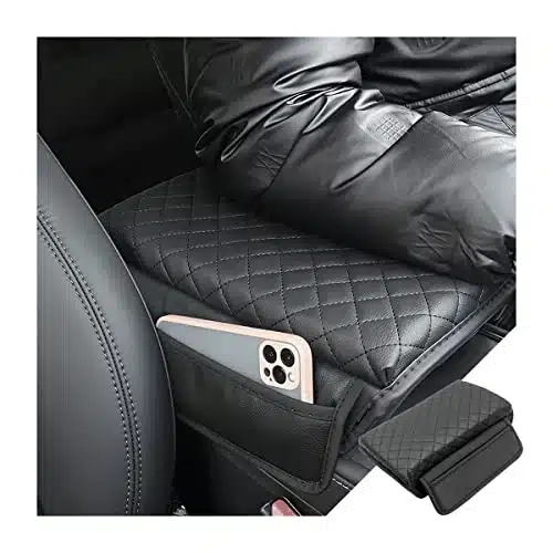 zipelo Car Armrest Cushion, Carbon Fiber Leather Auto Center Console Pad, Memory Foam Armrest Box with Storage Bag, Hand Rest Pillow with Organizer Pockets, Universal Fit for Most Vehicles (Black)