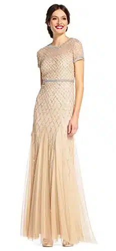 Adrianna Papell Women's Short Sleeve Grid Beaded Gown, Champagne,