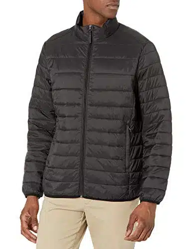Amazon Essentials Men's Packable Lightweight Water Resistant Puffer Jacket (Available in Big & Tall), Black, Large